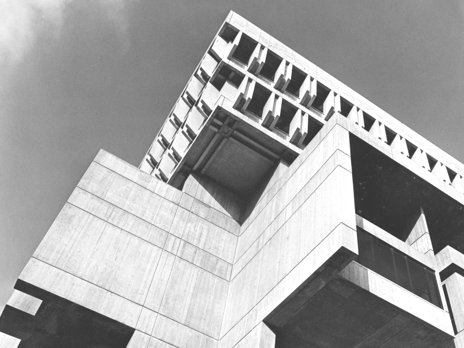 Close up of the overhang on a Brutalist building