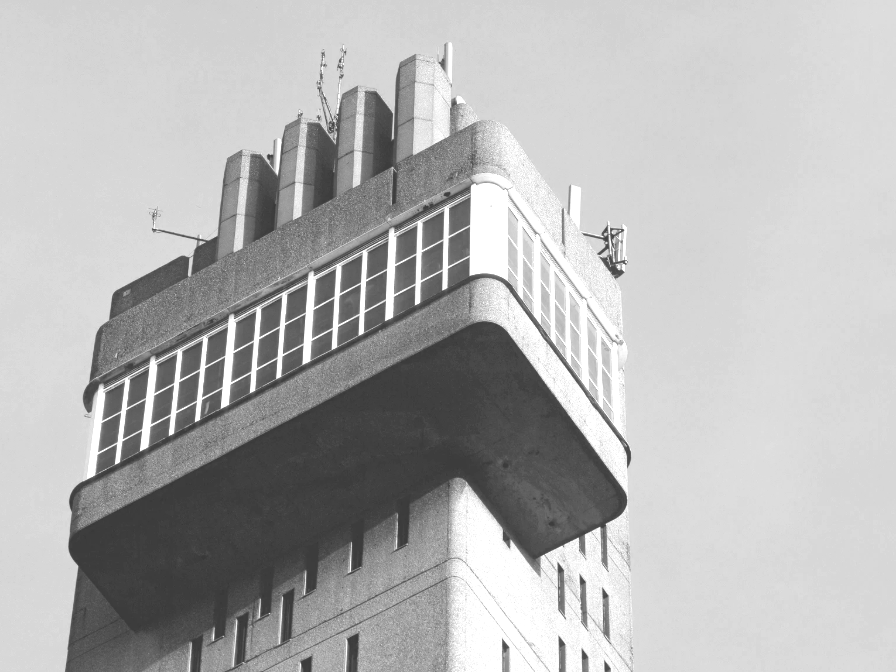 Close up of the overhang on a Brutalist tower