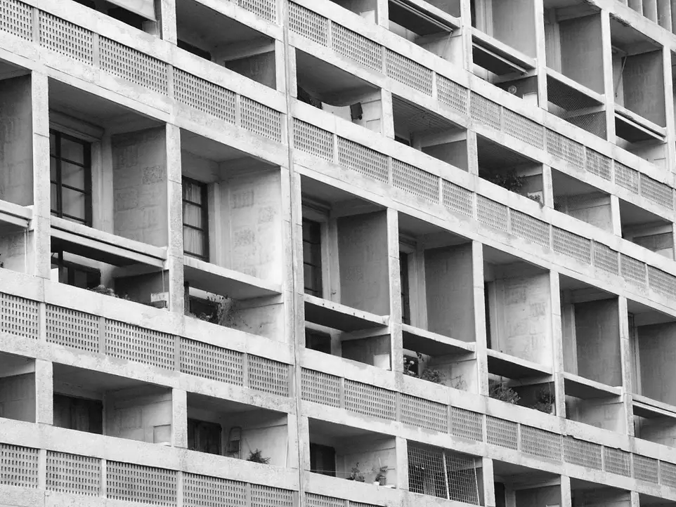 Close up of modular units of a Brutalist building