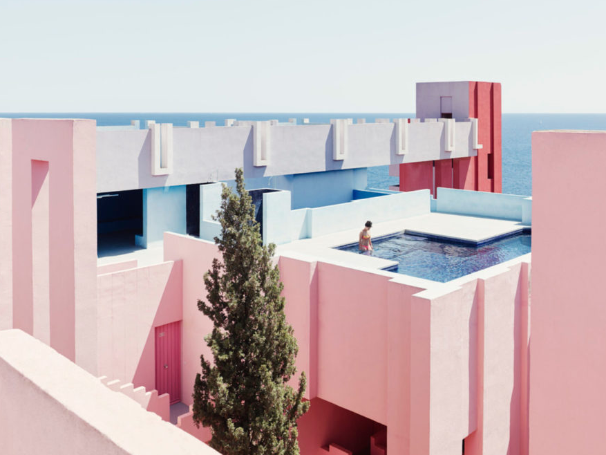 Pink and blue pastel postmodern building