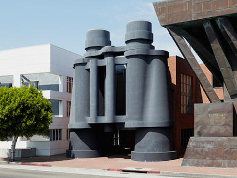 Postmodern building shaped like binoculars