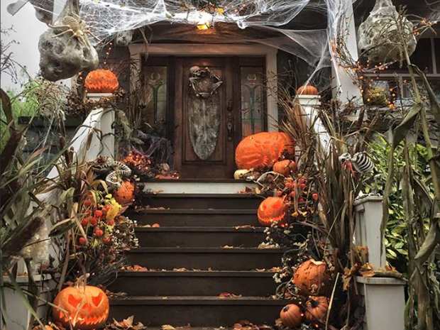 Halloween decorated steps leading to a house